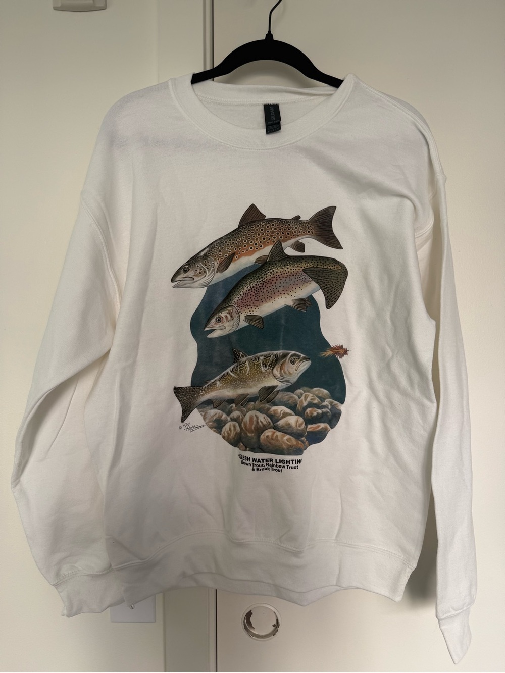 Gildan White Sweatshirt with Multi-Colored Trout Graphic